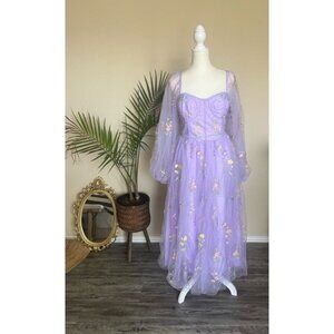 Women's Puffy Sleeve Prom Dresses Flower Embroidery Tulle